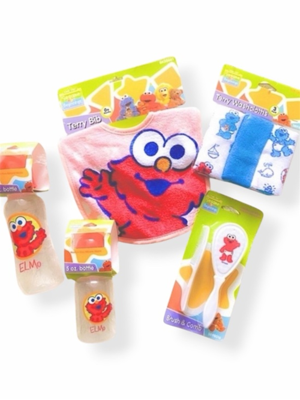 Sesame Street Elmo Cookie Monster Baby Gift Set Bottles Bib Brush New